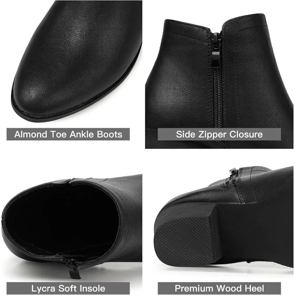 Women's Black Pu Ankle Chunky Heeled Almond Toe Short Zipper Faux Suede Booties